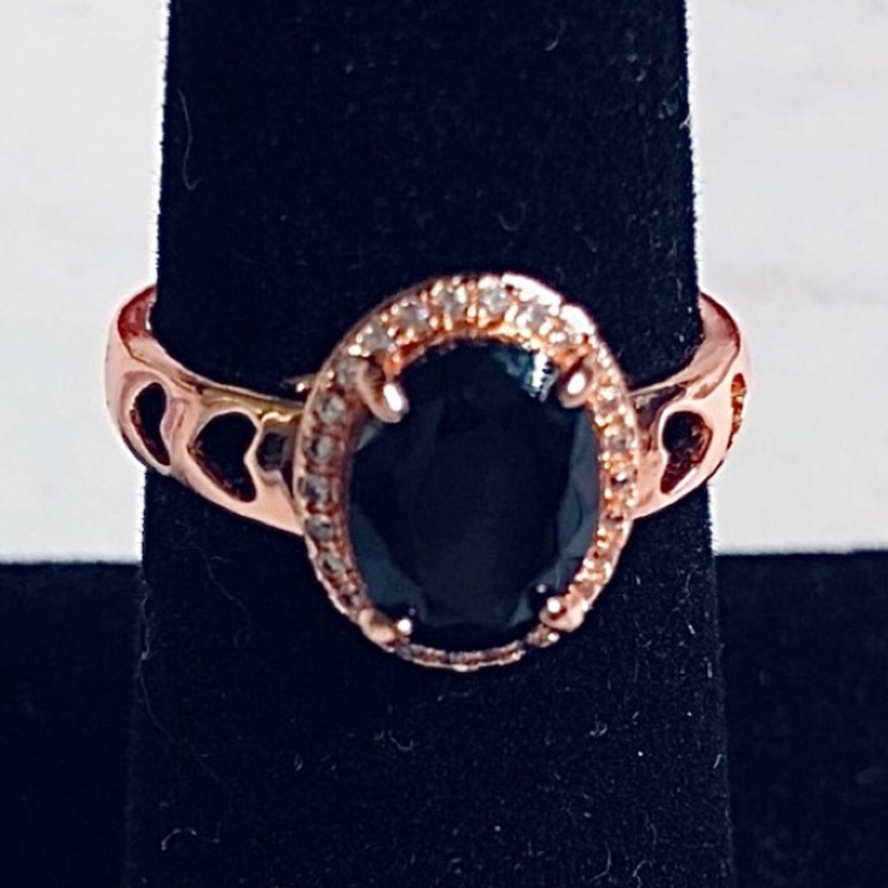 Rose Gold Black Halo Stone Heart Ring Sz 6